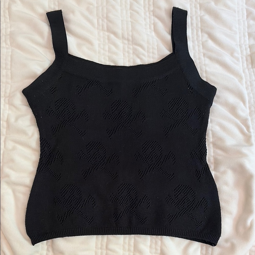 90s Black Knit Tank Top with Skull Pattern